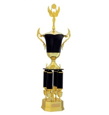 Black and gold two-tier trophy with four columns and cup - 211-BLK