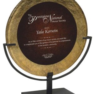 Gold and red art acrylic mounted on iron stand