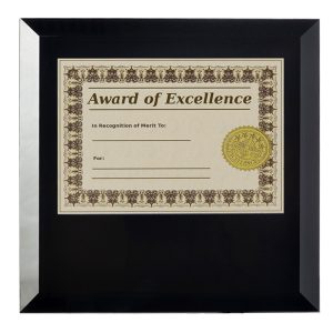 9'' x 9'' black glass certificate and document holder, with 5'' x 7'' window