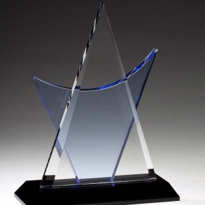 9.25 inch crystal award with blue backdrop
