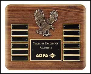 10.5'' x 13'' walnut perpetual plaque with 12 plates and metal eagle casting