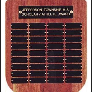 12'' x 16'' walnut perpetual shield plaque with 36 plates