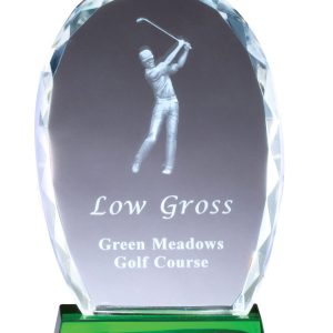 Crystal award on green base with 3D golfer