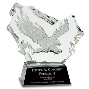 7 inch crystal award with carved eagle on black base