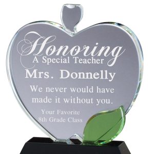 5'' x 6'' crystal apple and green leaf on black base