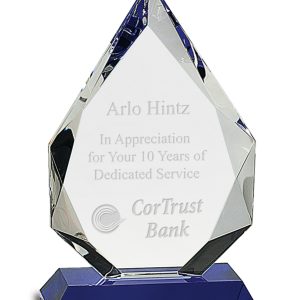 Faceted crystal diamond on blue base award