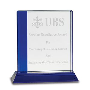 Crystal award with blue base and column