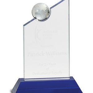 8.25 inch crystal award with globe on blue base