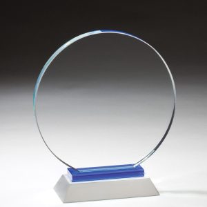 Glass circle on silver and blue metal base
