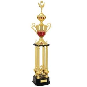 Red and gold two-tier trophy with columns and cup