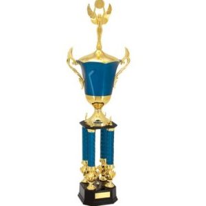 42 inch blue and gold two-tier trophy with columns and cup