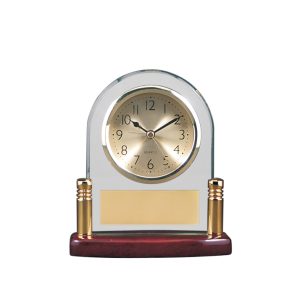 6 inch glass arch clock with columns and rosewood piano finished base