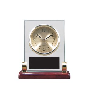 5.75'' x 6.5'' rectangle glass clock with posts and rosewood piano finished base