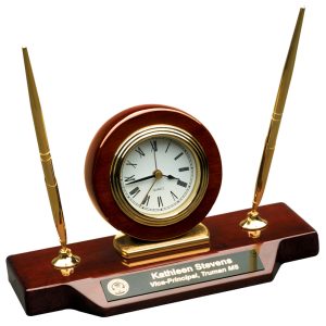9'' x 4.75'' rosewood piano finished desk clock with two pens