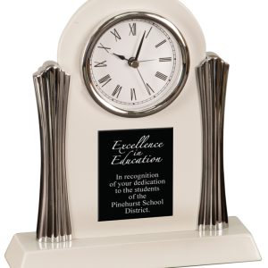 8.25'' x 7.5'' white piano finished desk clock with silver metal columns