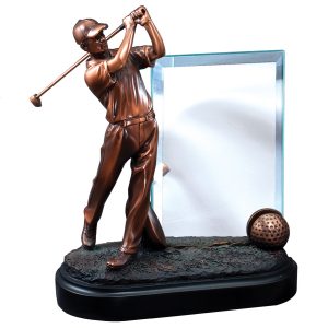 9 inch male golfer sculpture with 4'' x 6'' glass
