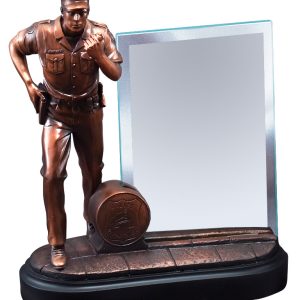 8 inch policeman sculpture with 4'' x 6'' glass