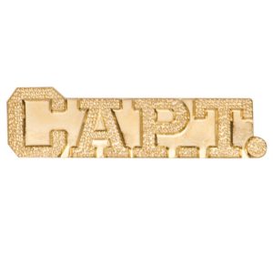 "Captain" pin with bright gold finish and butterfly clutch back. Pin length is 0.5''