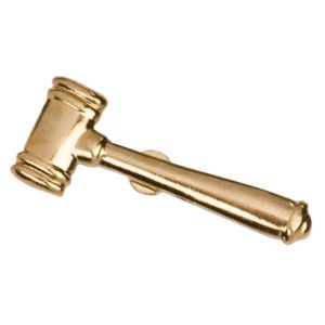 Gavel pin with bright gold finish and butterfly clutch back. Pin length is 0.5''