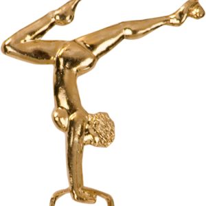 Female gymnast pin with bright gold finish and butterfly clutch back. Pin length is 0.5''