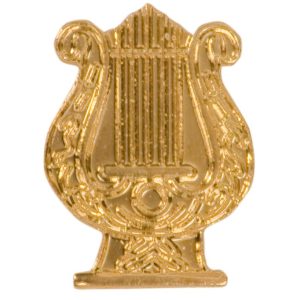 Music lyre pin with bright gold finish and butterfly clutch back. Pin length is 0.5''