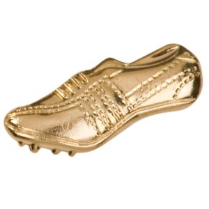Track shoe pin with bright gold finish and butterfly clutch back. Pin length is 0.5''
