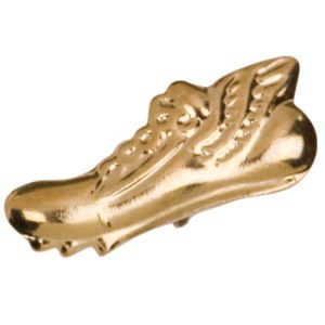 Winged track shoe pin with bright gold finish and butterfly clutch back. Pin length is 0.5''