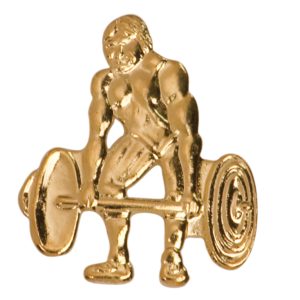 Weightlifting pin with bright gold finish and butterfly clutch back. Pin length is 0.5''